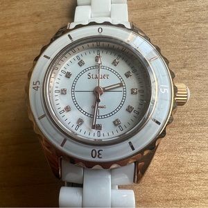 Stauer ladies white ceramic rose gold tone dress watch NEW BATTERY